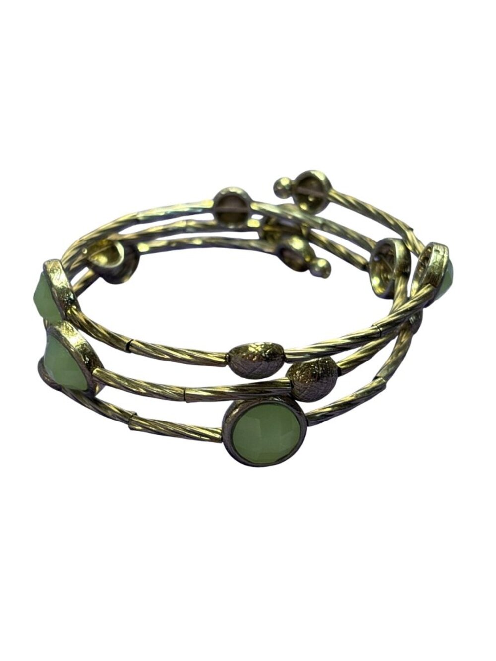 Goldtone Textured Memory Wire Bracelet Green Plastic Rhinestones